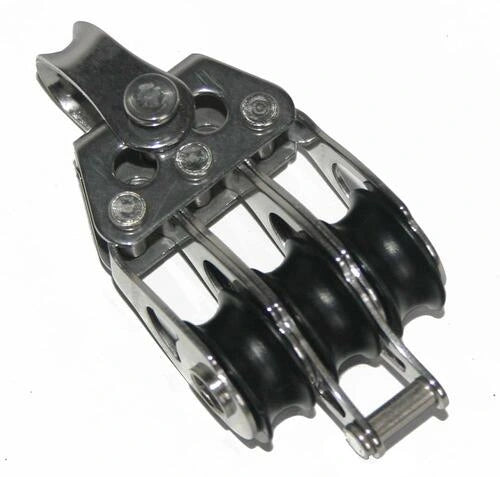 Poulie Triple Mininox ø20mm avec ringot, conçue pour faible friction et haute performance, idéale pour voile légère, charge max 600kg, ligne ø6mm.