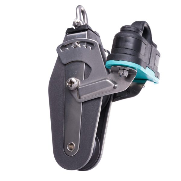 Poulie Violon Nova ø57mm + Taquet, robuste et abordable, idéale pour ligne max 12mm, charge utile 850kg, charge rupture 1700kg, pour dériveurs et catamarans.