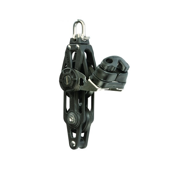 Poulie violon avec taquet et ringot, combinant composite carbone haute densité et axe résistant. Disponible en 45mm et 60mm, idéale pour palans efficaces.