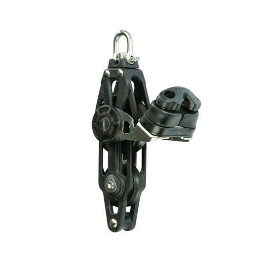 Poulie violon avec taquet et ringot, combinant composite carbone haute densité et axe résistant. Disponible en 45mm et 60mm, idéale pour palans efficaces.