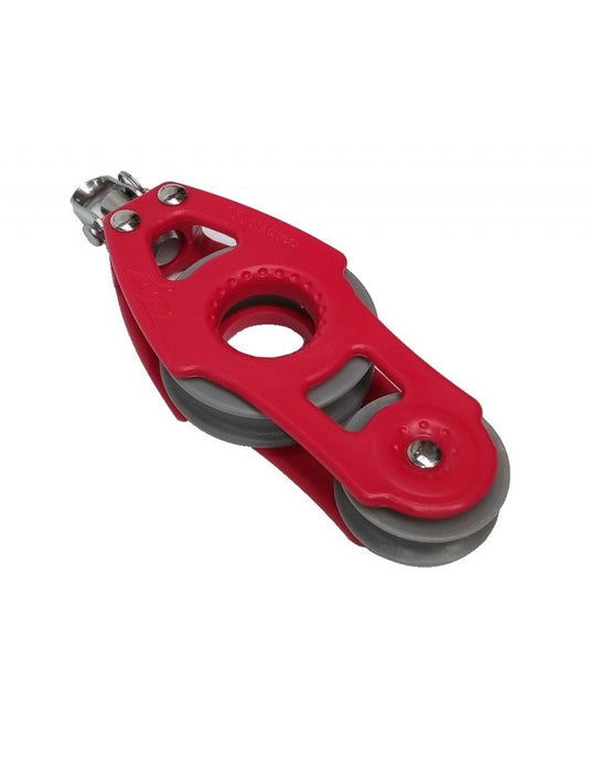 Poulie Violon Organic Rouge ø57mm avec émerillon, montants en composite, axe en aluminium, réa en acétal, idéale pour dériveurs et catamarans de sport.