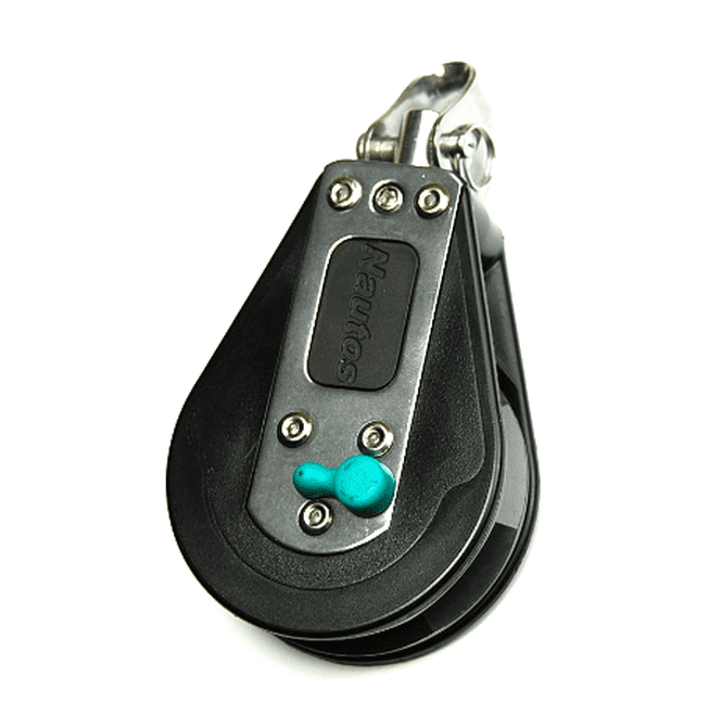 Poulie Winch à billes ø57mm Tribord + Emerillon, idéale pour voile légère, avec cliquet débrayable et réa en aluminium cranté, rotation anti-horaire pour amure tribord.