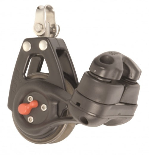 Poulie Winch ø57mm avec taquet et émerillon, intégrant une poulie à réa aluminium cranté et un taquet coinceur, idéale pour dériveurs et catamarans de sport.