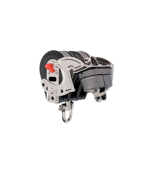 Poulie Winch Triple à billes ø57mm avec taquet et émerillon, idéale pour dériveurs et habitables, offre une performance optimale et une démultiplication efficace de l'écoute.