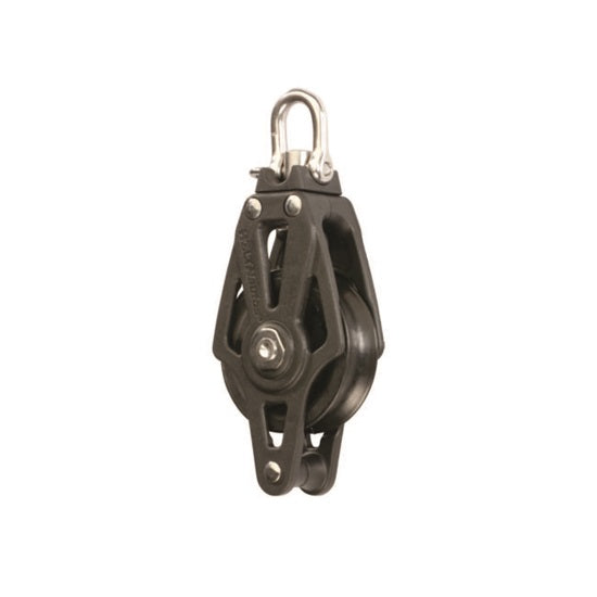 Poulie à Ringot ø45mm avec émerillon, combinant légèreté du carbone composite et réa résistant, idéale pour écoute de GV ou pataras, charge travail 300kg.