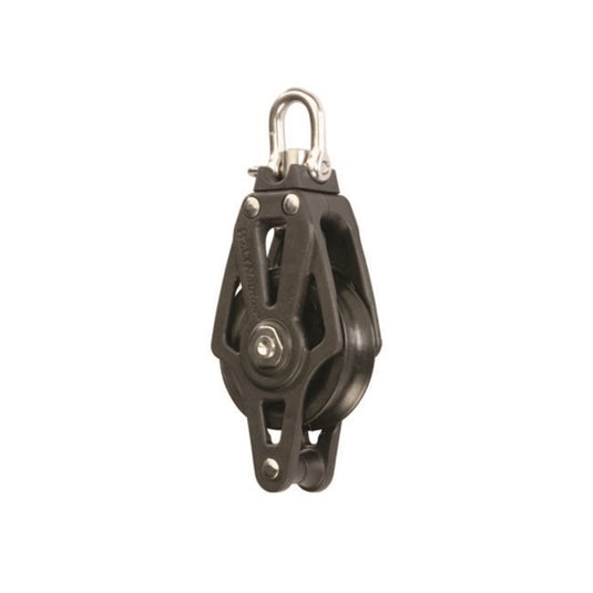 Poulie à Ringot ø45mm avec émerillon, combinant légèreté du carbone composite et réa résistant, idéale pour écoute de GV ou pataras, charge travail 300kg.