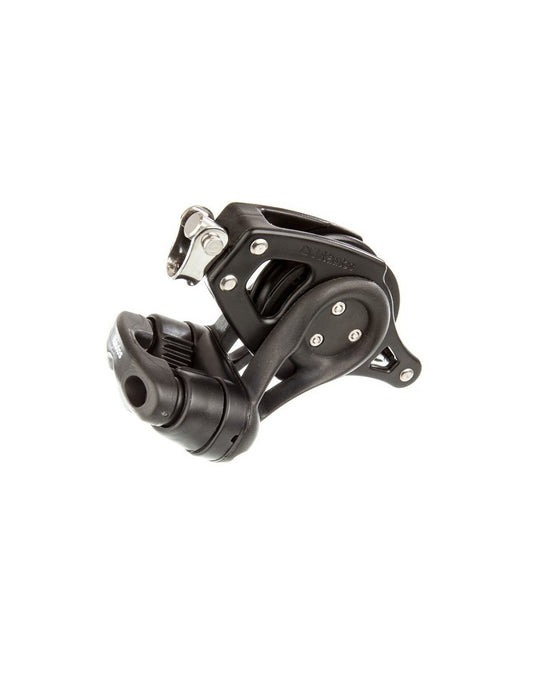 Poulie avec Taquet Organic ø57mm, montants en composite léger, axe aluminium, réa acétal performant, pour voile légère, avec ringot et émerillon.