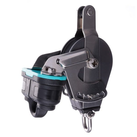 Poulie avec Taquet Nova ø57mm, robuste et économique, idéale pour voile légère, avec ligne max de 12mm, charge utile de 850kg, et charge rupture de 1700kg.