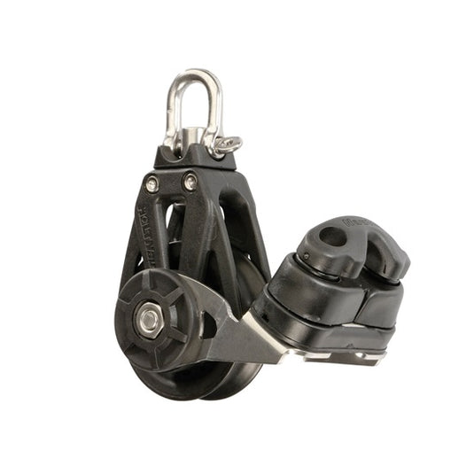 Poulie avec Taquet ø45mm + Emerillon, intégrant joues en composite carbone et axe résistant, idéale pour dériveurs, avec capacité de charge précise et largage rapide.
