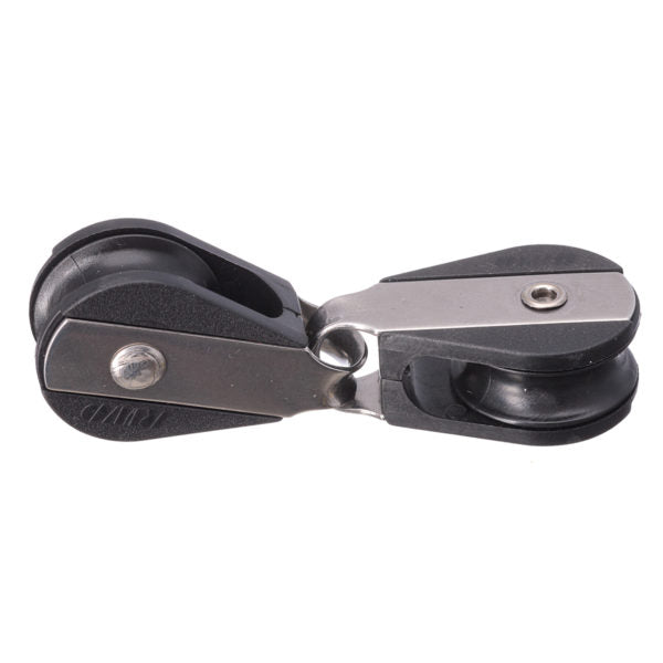 Chargez l'image dans la visionneuse de la galerie, Poulie Tête à tête à billes ø19mm, double poulie compacte avec deux réas en plastique, support métallique et roulements à billes inox pour usage nautique robuste.
