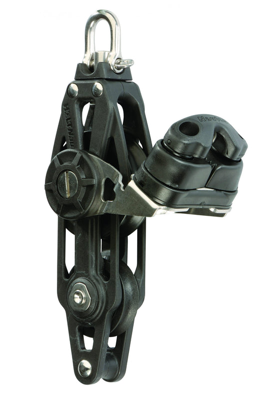 Poulie Violon + Taquet + Ringot en composite carbone haute densité, offrant légèreté et résistance, idéale pour palans nautiques. Disponible en ø45mm et ø60mm.