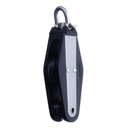 Poulie Violon ø28mm avec double réa et manille pivotante en acier inoxydable, idéale pour navigation et usage professionnel, offrant robustesse et haute résistance.