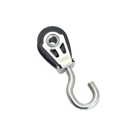 Poulie à Crochet Dynamic ø20mm avec joues inox ajourées, idéale pour installations démontables comme cunningham, dans la gamme nautique spécialisée de Yachting Thommeret.