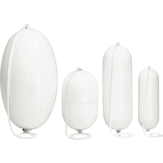 Pare-battage blanc ø15 x 43cm avec cordage intégré de 7mm et valve en laiton, idéal pour la voile légère, dériveurs et catamarans.