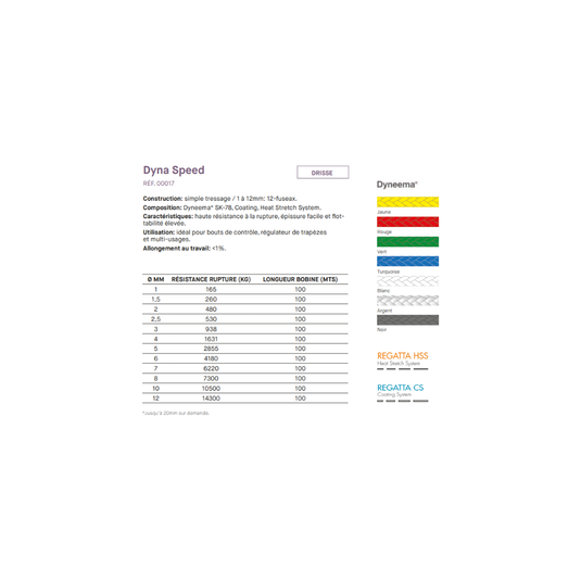 Drisse Dyna Speed 100% Dyneema, tressage simple 12 fuseaux, haute résistance, flottabilité élevée, utilisation polyvalente pour dériveur et catamaran, idéale pour lignes de contrôle.