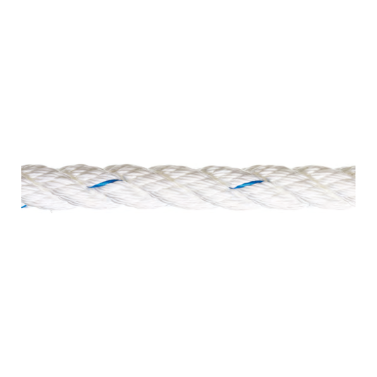 Amarre Polyester Blanc/Bleu ø4mm, gros plan sur des torons en corde, traité anti-UV, idéal pour dériveurs et catamarans, vendu au mètre.
