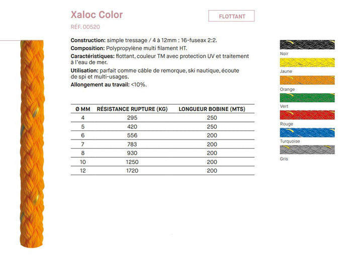Cordage Flottant Xaloc Couleur en polypropylène, traité anti-UV, parfait pour câbles de remorque et activités nautiques, vendu au mètre, idéal pour voile légère.