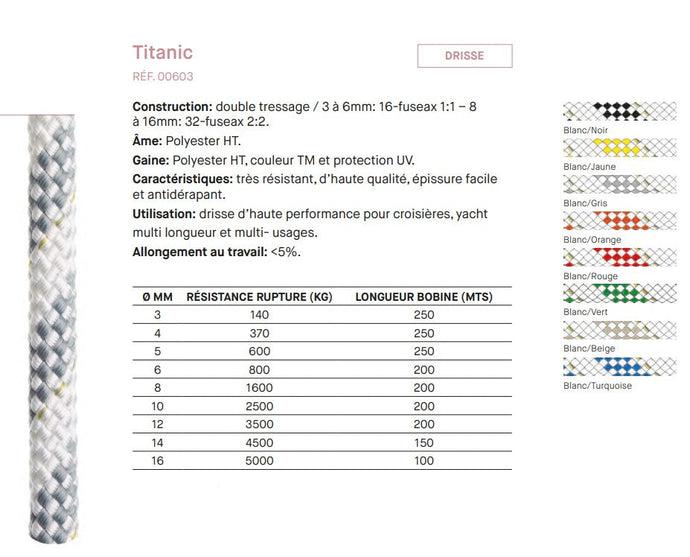 Drisse Polyester Titanic, double tressage antidérapant et anti-UV, idéale pour voile légère et croisière, vendue au mètre chez Yachting Thommeret.