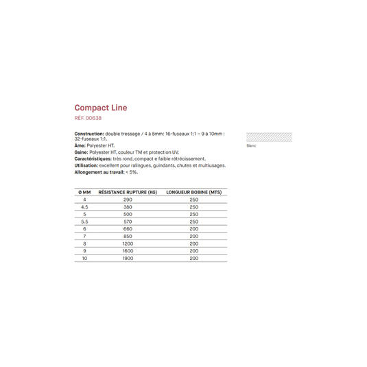 Cordage voileries Compact Line Polyester ø8, double tressage, parfait pour ralingue et chute, visible dans un document technique sur ordinateur.