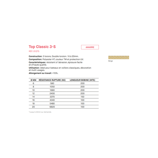 Amarre TOP CLASSIC 3-S Beige en polyester, traité anti-UV, idéal pour voiliers classiques et décoration, vendu au mètre, robuste et résistant à l'abrasion.
