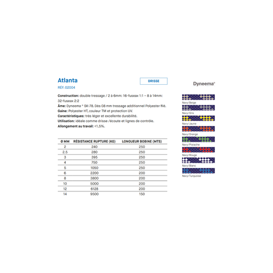 Drisse/Écoute Dyneema Atlanta, léger et durable, idéal pour voile légère, vendu au mètre, traité anti-UV pour une utilisation nautique optimale.