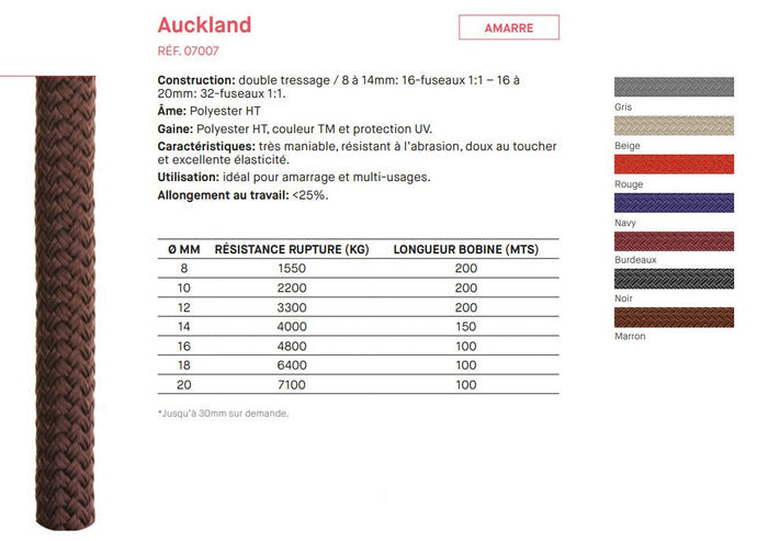 Amarre Auckland en polyester traité anti-UV, vendu au mètre, offrant maniabilité, résistance, douceur et élasticité, idéal pour voile légère dériveur et catamaran.