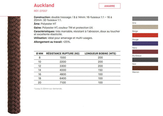Amarre Auckland en polyester traité anti-UV, vendu au mètre, offrant maniabilité, résistance, douceur et élasticité, idéal pour voile légère dériveur et catamaran.