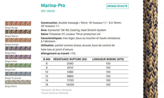Drisse/Ecoute Dyneema/Polyester Marina Pro, capture d'écran montrant de près une corde tressée, résistante et légère, idéale pour voile légère.