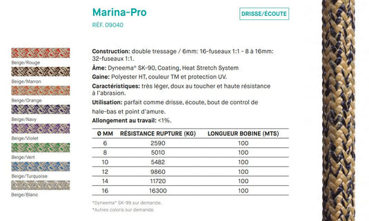 Drisse/Ecoute Dyneema/Polyester Marina Pro, capture d'écran montrant de près une corde tressée, résistante et légère, idéale pour voile légère.