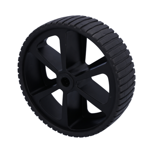 Roue de chariot de mise à l'eau noire, avec jante ajourée, pneu large. Idéale pour chariots,remorques, équipements du jardin, sports, et autres activités nécessitant un pneu large.