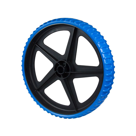 Roue Increvable ø370mm pour chariots de mise à l'eau, avec corps en polypropylène noir et pneu bleu, idéale pour dériveurs et catamarans.