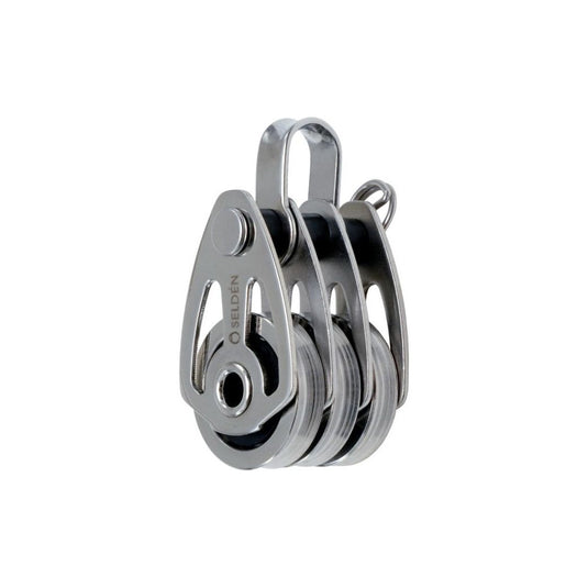 Poulie Triple ø25mm en inox avec axe démontable, conçue pour cordage ø5 maxi, charge de travail 400Kg, robuste pour voile légère et sports nautiques.