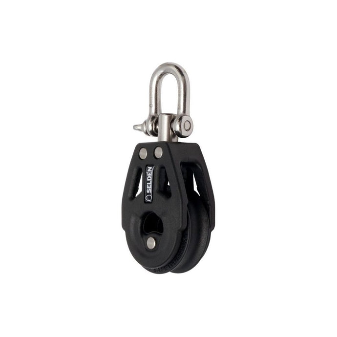 Poulie Simple à billes ø40mm avec émerillon, joues composites et réa acétal, idéale pour cordage ø10mm, charge travail 250kg, rupture 500kg, pour voile légère.