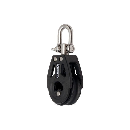 Poulie Simple à billes ø40mm avec émerillon, joues composites et réa acétal, idéale pour cordage ø10mm, charge travail 250kg, rupture 500kg, pour voile légère.
