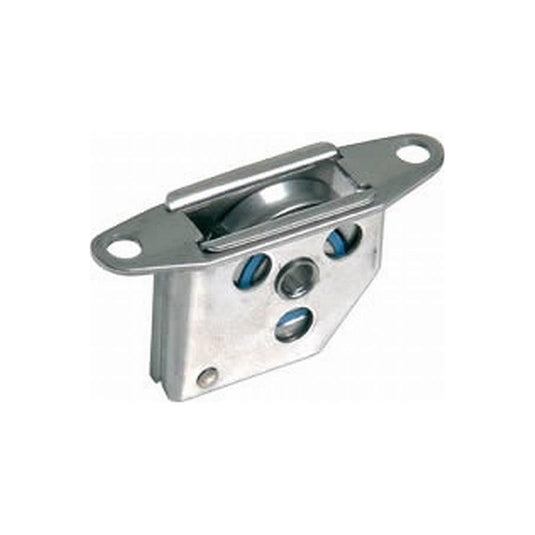 Poulie à encastrer Réa inox avec roulements à billes, trous de fixation visibles, pour drisse et balancine de tangon de spi, idéale pour voile légère.