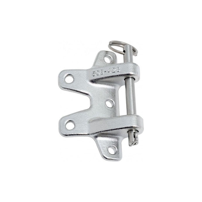 Ferrure de pousse-bas dériveur type Laser® Vago, charnière en acier zingué à deux feuilles avec axe amovible, idéale pour portes de remorques ou de cargo.