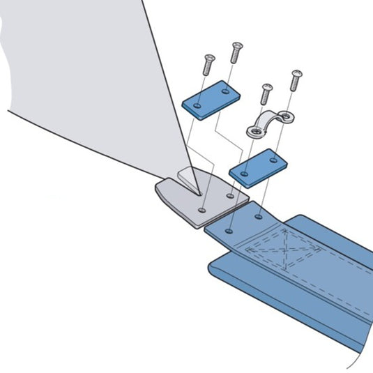 Diagramme éclaté montrant Cale de Maintien Dérive Laser®/ILCA HOLT avec plaques, pinces et vis pour fixer la dérive sur une base bleue.