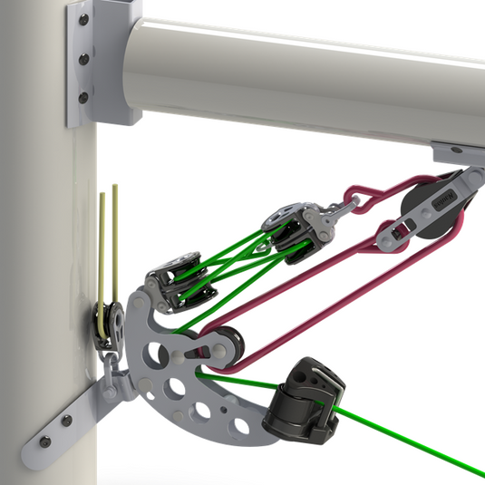 Kit Accastillage Laser®/ILCA® Complet avec poulies et cordages Dyneema, conçu pour optimiser le gréement des dériveurs, illustré par un rendu 3D de palans.