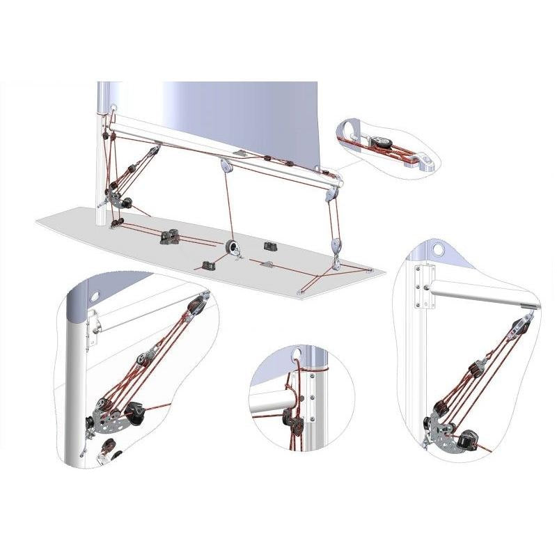 Chargez l&#39;image dans la visionneuse de la galerie, Schéma technique du kit accastillage Laser®/ILCA® Deck, montrant le système de poulies et de cordages pour le boom-vang, avec détails des fixations et équipements inclus.
