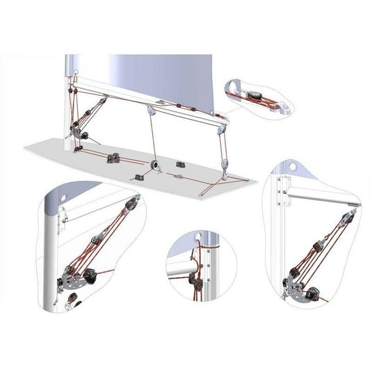 Schéma technique du kit accastillage Laser®/ILCA® Deck, montrant le système de poulies et de cordages pour le boom-vang, avec détails des fixations et équipements inclus.