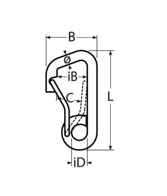 Chargez l'image dans la visionneuse de la galerie, schéma ou dessin présentant les dimensions du mousqueton pompier à ressort.
