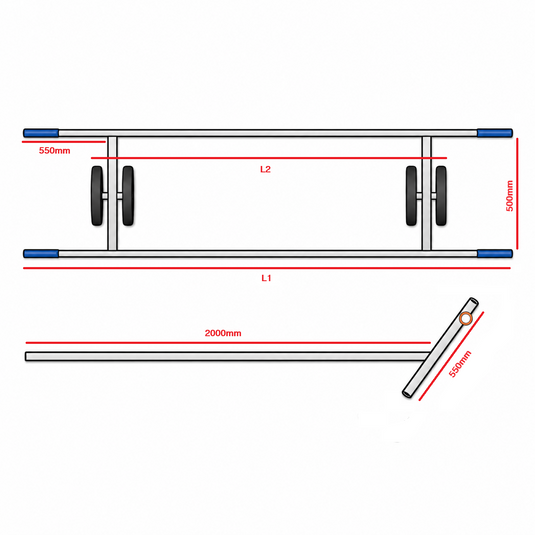 Dessin présentant les dimensions principales du chariot de mise à l'eau pour catamaran type Hobie Cat, Dart, etc.