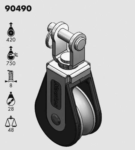 Poulie Simple + Emerillon Holt, pièce LEGO Technic avec poulie simple et support pivotant, conçue pour charges jusqu'à 750 kg, utilisée pour dériveurs et voiliers.