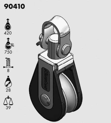 Poulie Simple + Manille Holt, petite poulie à une réa, charge utile 420 N, pour corde max ø8mm, idéale pour dériveurs et catamarans, robuste et économique.