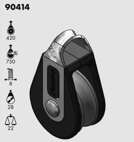 Poulie Simple Holt 28mm pour corde 8mm, charge utile 420N, charge rupture 750N, idéale pour dériveurs et catamarans, robuste et économique, sans roulement.