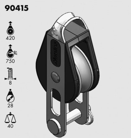 Poulie à Ringot à friction Holt-Nautos, modèle 90415, charge utile 420 kg, charge rupture 750 kg, diamètre corde max 28 mm, idéale pour voile légère.