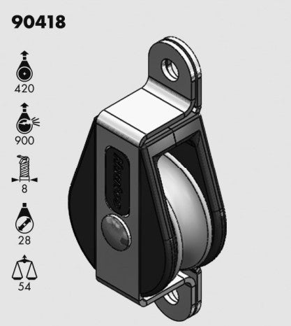 Dessin technique de la Poulie Plat Pont à friction Holt-Nautos, SWL 420 kg, diamètre 28 mm, remplace les références RWO 7206 et 7306.