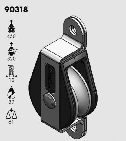 Chargez l&#39;image dans la visionneuse de la galerie, Poulie Plat Pont à friction Holt-Nautos, dessinée CAD, icônes indiquant charge maximale radiale 450 kg, axiale 820 kg, diamètre ligne 10 mm, diamètre réa 39 mm, poids 61 g.
