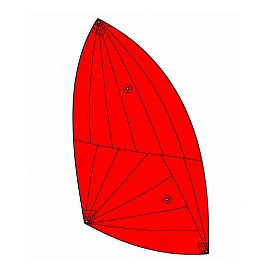 Illustration du Spi Dériveur Laser Vago: polygon rouge triangulé avec points intérieurs noirs, symbolisant la coupe tri-radiale et renforts, idéal pour régates.