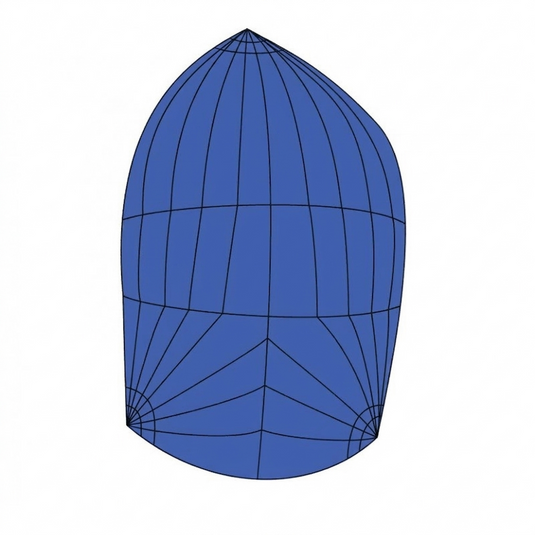 Spi Dériveur Vaurien en 3D, montrant un wireframe de maille 3D, illustrant la forme allongée et la structure cylindrique pour un usage nautique optimisé.